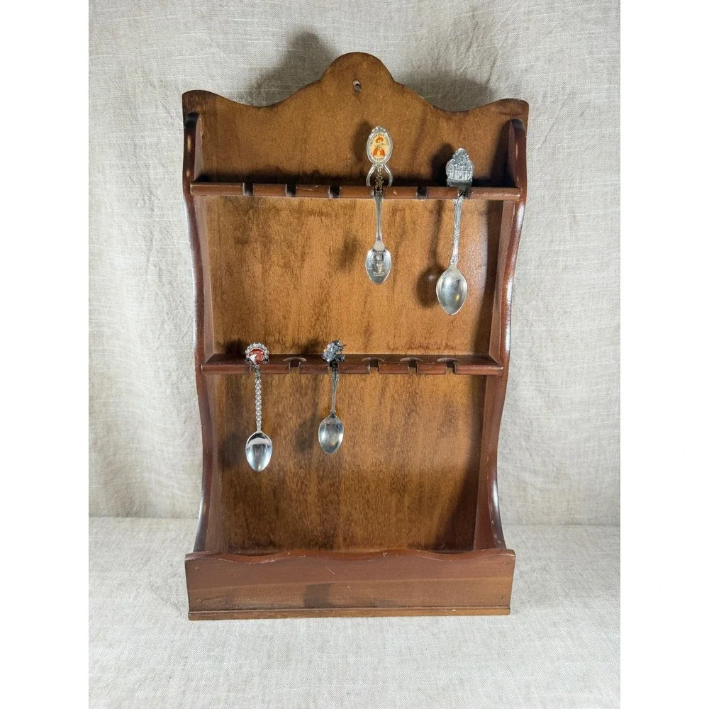 Vintage Scalloped Wood Spoon Display Rack, 12 Slot Wall Organizer